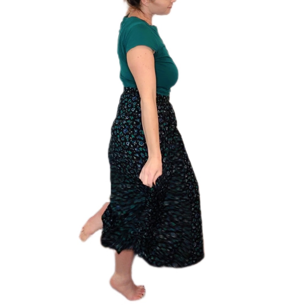 VINTAGE Cottagecore Black Blue Floral Maxi Skirt Made in USA Lombardi Inc Size14